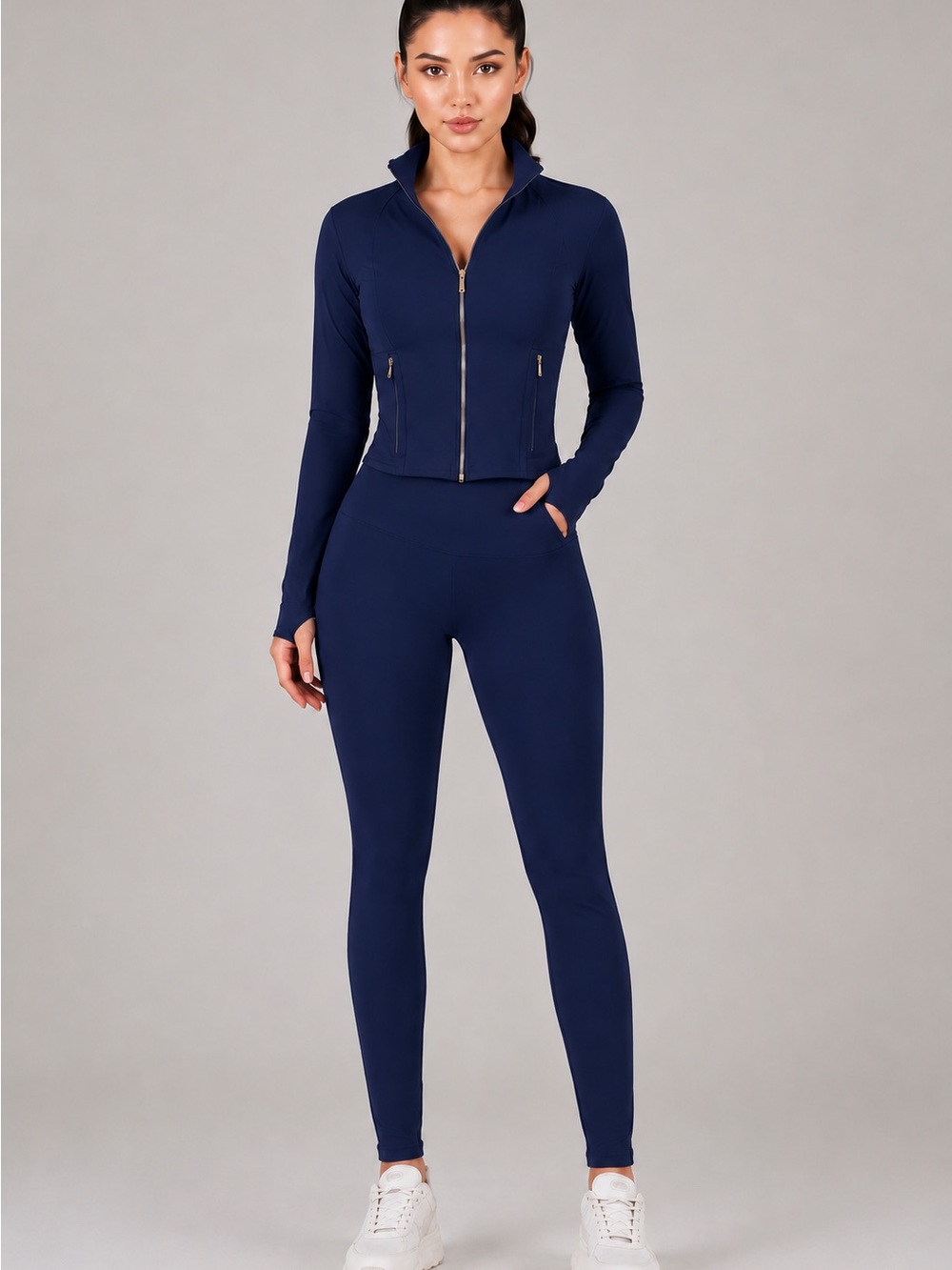 Yoga Brown High-Waist Leggings with Zip-Front Jacket Set - Picture 3 of 6